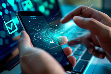 A person is holding a cell phone in their hands, looking at the screen intently