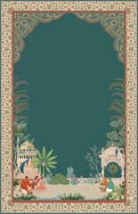 Mughal garden, traditional music players, peacock, green forest with arabesque frame for wedding invitation