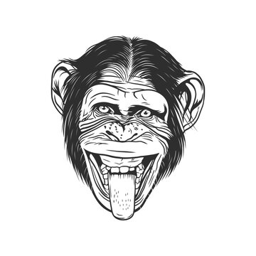 A humorous and energetic monkey illustration in black and white