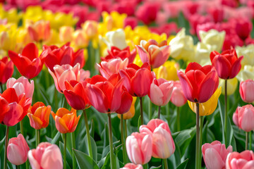 A colorful field filled with red, yellow, and pink tulips in bloom under the sunshine