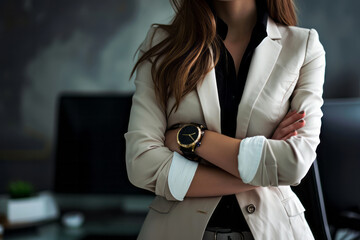 A woman is standing with her arms crossed in an office setting