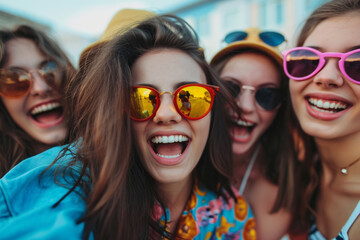 A group of youthful women, all wearing stylish sunglasses, standing together and posing for a photo