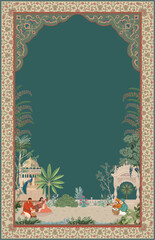 Mughal garden, traditional music players, peacock, green forest with arabesque frame for wedding invitation - obrazy, fototapety, plakaty