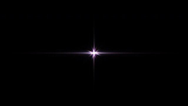 Loop center flickering glow white purple blue star rays lights optical lens flares shine long arm animation art on black abstract background.
