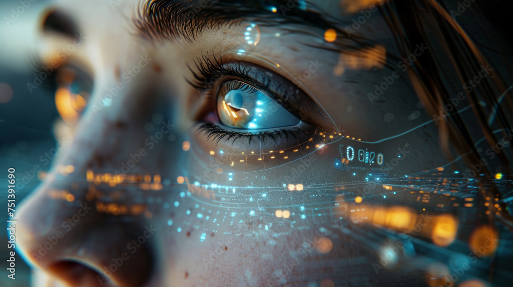 Poster close-up of a person's eye with futuristic digital overlays symbolizing augmented reality or advance