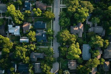 Aerial perspective showing residential houses and streets in a neighborhood setting