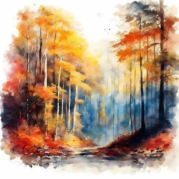 Watercolor painting of Beautiful surreal alternate color fantasy Autumn Fall forest landscape conceptual image. Generative AI