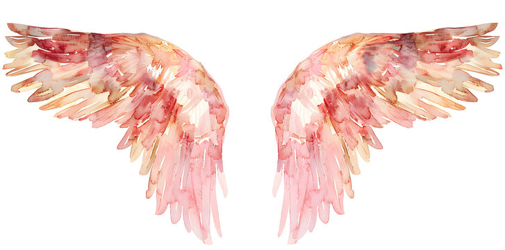 Soft pastel detailed pink angel wings in watercolor style isolated on white background
