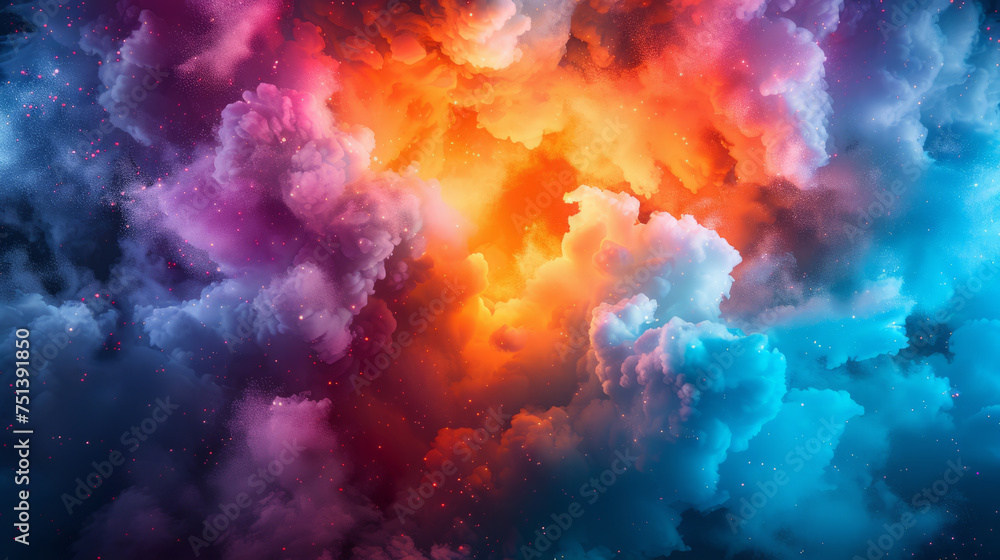Poster vivid and dynamic image depicting a surreal cloudscape with an explosion of vibrant red, orange, and