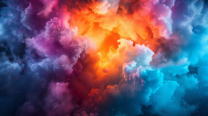 Vivid and dynamic image depicting a surreal cloudscape with an explosion of vibrant red, orange, and blue colors, simulating a cosmic event or a fantastical sky. - obrazy, fototapety, plakaty