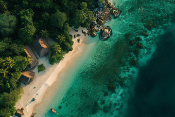 Overhead view of a boat sailing on the water at a beach