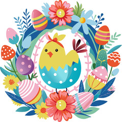 Easter Chick, eggs flowers Wreath. Bright sticker for spring holiday. Kids greeting card. White background. Primitive style. Vibrant colors. PNG, Vector. baby shower