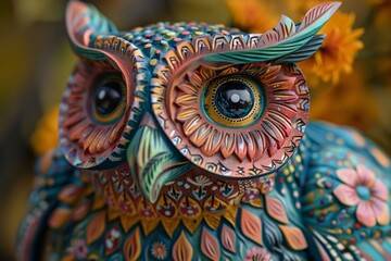 a colorful owl statue with flowers