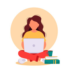 A woman is sitting with a laptop. Girl working or learning at home. Freelance, work at home, online job, home office e-learning concept. Vector illustration for poster, card.