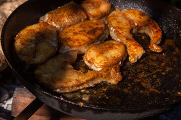 Pan frying or home cooking fish on the fire.