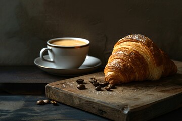 a croissant and coffee on a cutting board