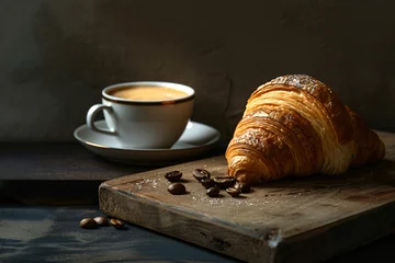 Rolgordijnen Koffiebar a croissant and coffee on a cutting board