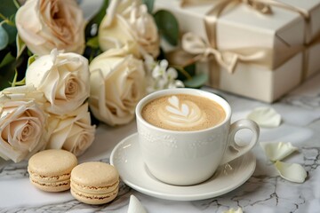 Obraz na płótnie Canvas a cup of coffee and roses