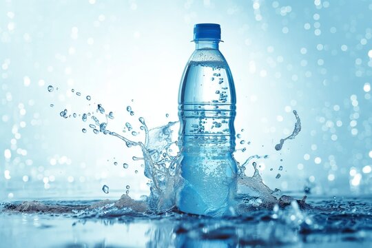 Bottle of clean drinking water with splashes, refreshing life-giving water