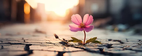 Foto op Canvas Close up, Pink flower growing on crack street sunset background © Coosh448