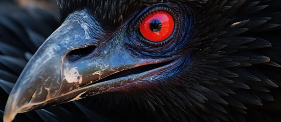 The image showcases a detailed close-up of a black Frigate bird with striking red eyes. The birds features are prominent, highlighting its distinctive coloration and eye-catching red eyes. - obrazy, fototapety, plakaty