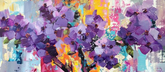 A painting depicting vibrant purple flowers neatly arranged in a vase, showcasing the charm of blooming beauty in the vibrant springtime setting.