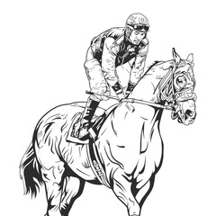 A jockey and horse race in a clear line art vector illustration.
