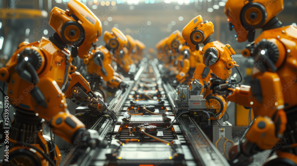Poster robotic arms engaged in assembly line work within an industrial environment, showcasing advanced aut