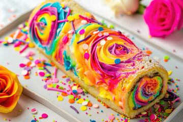 Fototapeta na wymiar A vibrant and colorful biscuit roll with a playful tie-dye style