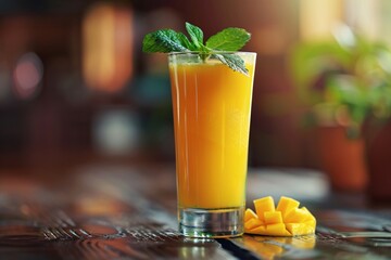 a glass of orange juice with mint leaves and a slice of mango