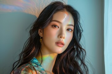 Elegant Young Asian Woman with Colorful Light Reflections on Face and Natural Makeup in a Beautiful Portrait