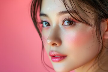 Fototapeta premium Close-up Portrait of a Young Woman with Flawless Skin and Natural Makeup on a Pink Background