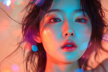 Portrait of Young Woman with Colorful Lighting and Bokeh Effects, Artistic Conceptual Beauty Shoot