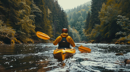 Person kayaking down a serene river surrounded by dense forest, experiencing the tranquil beauty of nature from the water. - obrazy, fototapety, plakaty