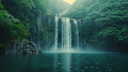 Majestic waterfall cascading into a tranquil lake surrounded by lush greenery in a serene natural landscape. - obrazy, fototapety, plakaty