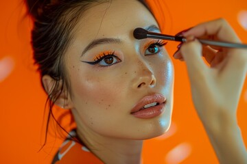 Obraz premium Close-Up of Young Woman Getting Eye Makeup Application with Brush on Vibrant Orange Background