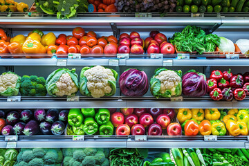 Vibrant fruits and vegetables neatly displayed in the refrigerated shelf of a supermarket