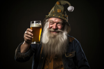 Charming elderly man, dressed in fairytale attire, enjoys a glass of beer in a cozy, vintage tavern. The warm atmosphere adds to the nostalgic feel of the image.