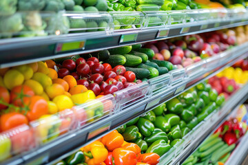 Vibrant fruits and vegetables neatly displayed in the refrigerated shelf of a supermarket