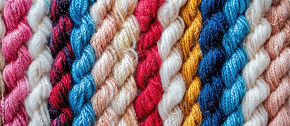Poster a close-up view showcasing the vibrant hues of a multi colored yarn, highlighting the intricate text