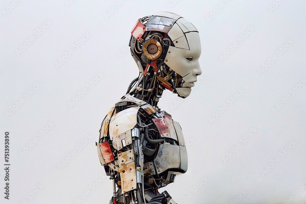 Poster robot model with artificial intelligence on a white background. robot cyborg soldier