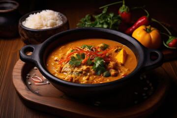 Serving of flavorful curry dish in a charming restaurant setting with elegant decor