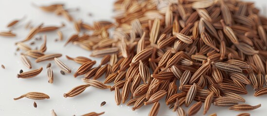 A close-up view of a pile of caraway seeds neatly arranged on a clean, white tabletop. The small, elongated seeds are dark brown in color, creating a contrast against the bright surface. - obrazy, fototapety, plakaty