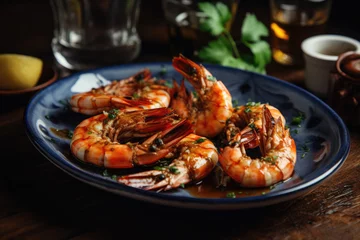 Fotobehang Exquisite presentation of grilled shrimp platter in a fine dining restaurant, showcasing succulent shrimp perfectly garnished and arranged on an elegant dish. © Yuliia