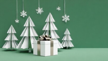 christmas decoration with paper pine trees and white gift box on green background 3d rendering 3d illustration