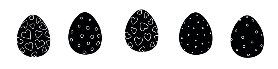Set of vector flat black ornamental easter eggs with hearts, stains, points. Holiday hand drawn monochrome illustrations, clip art for greeting cards, festive design