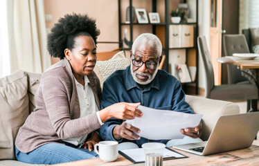 Senior couple checking and calculate financial billing together on sofa. Mature couple discussing their monthly expenses at home. Elderly couple keeping an eye on their finances. 