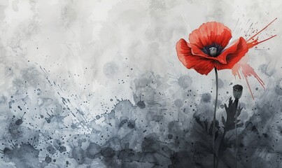 Abstract gray watercolor paint splash with red painted poppy. Lest we forget. Remembrance day or Anzac day symbol. With copyspace for your text. - obrazy, fototapety, plakaty