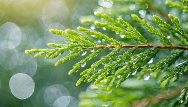 closeup green leaves of evergreen coniferous tree lawson cypress or chamaecyparis lawsoniana after the rain extreme bokeh with light reflection macro photography selective focus blurred background