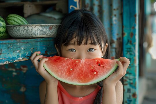 a girl holding a slice of watermelon